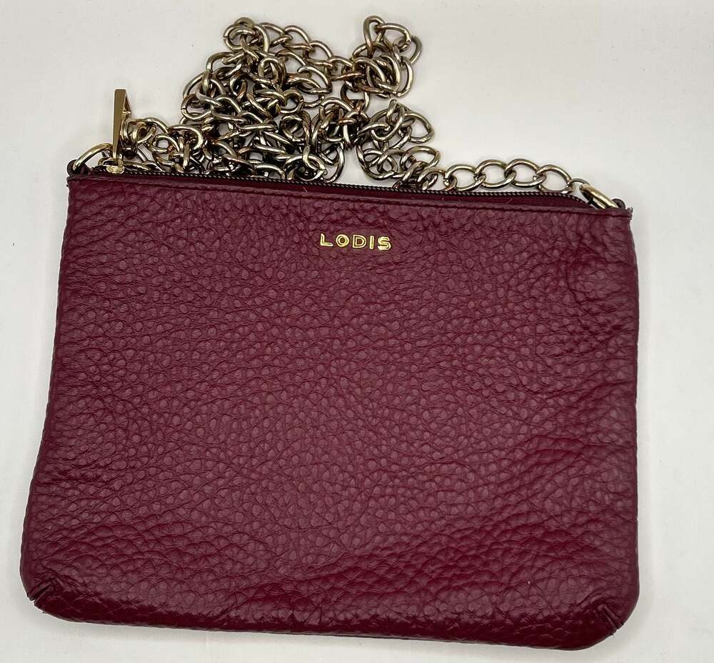 Lodis Burgundy Pebbled Leather Crossbody Bag Chain Strap Oxblood